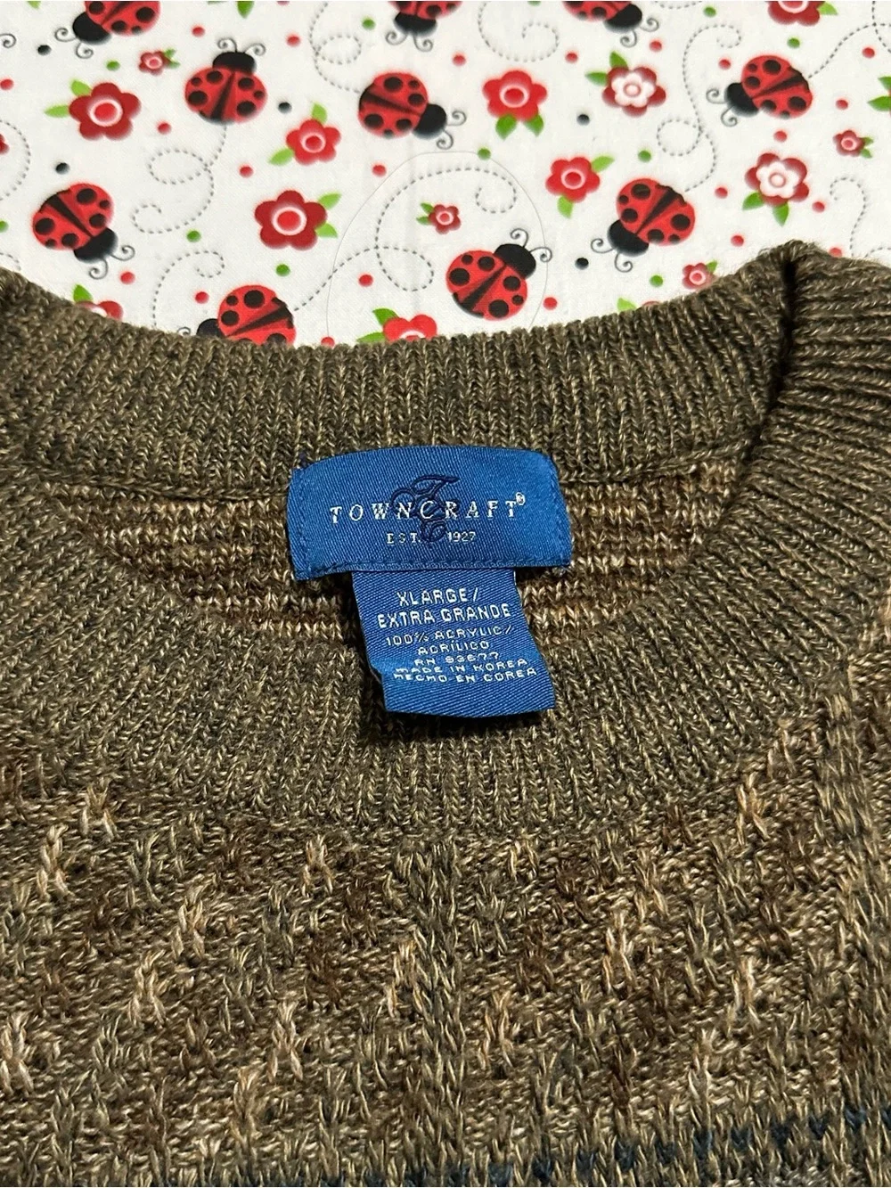 Vintage 90s Towncraft Textured Knit Grandpa Sweater Men XL Olive Brown Geometric